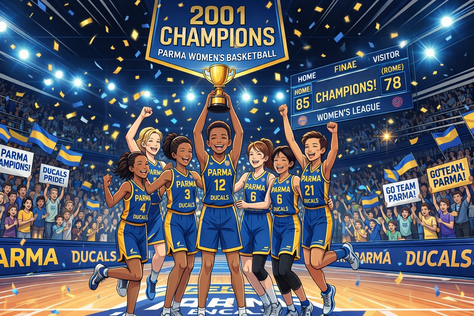 Seven Parma women's basketball players celebrating winning the 2024 championship with trophy and fans cheering